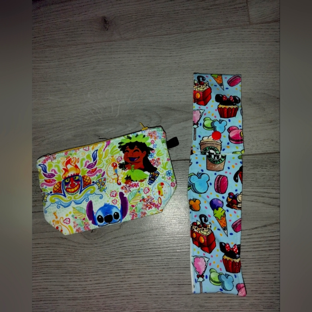 New Disney Parks food Stitch cosmetic size bag & straw holder unused Mickey